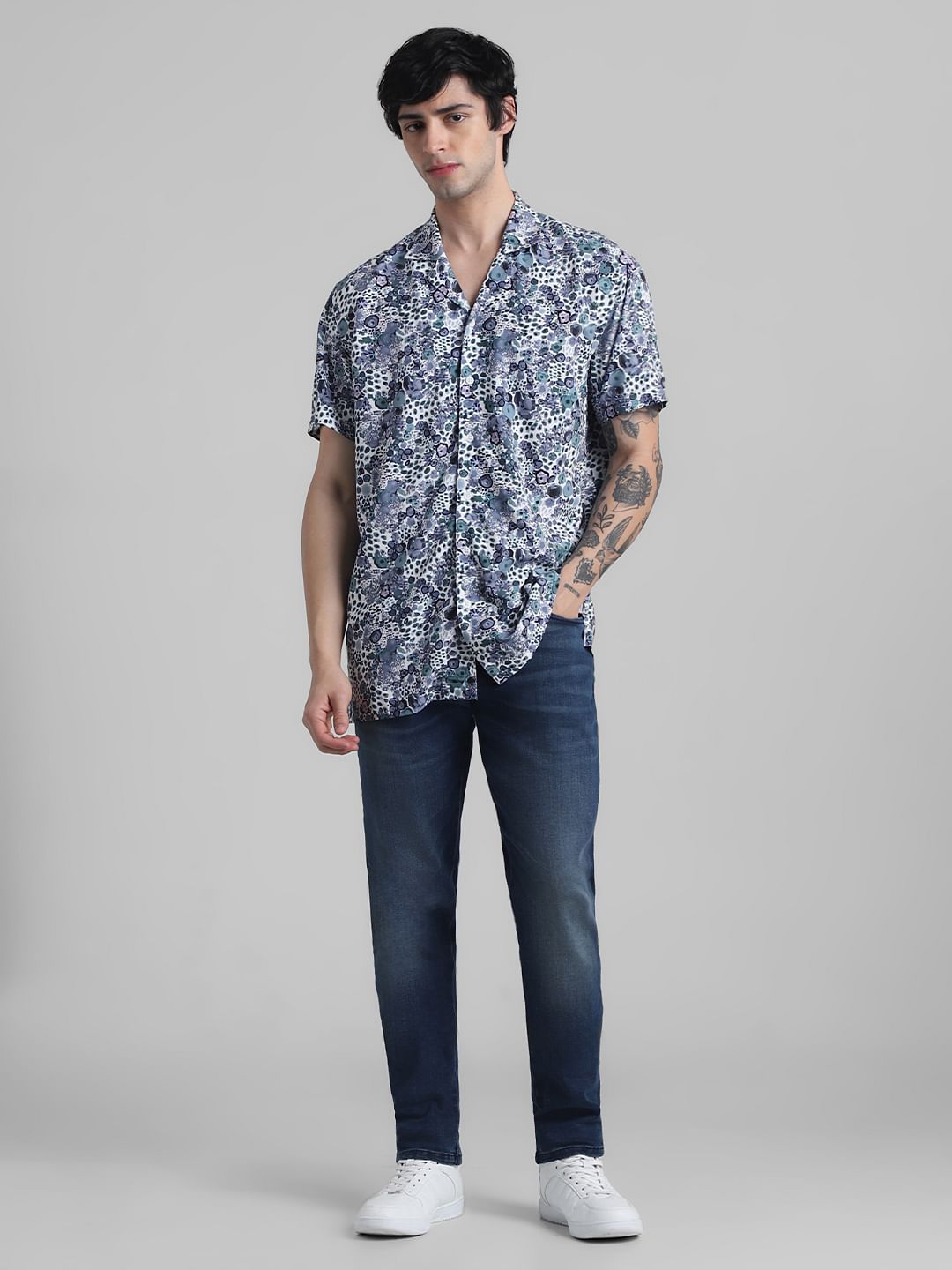 White & Blue Floral Print Shirt