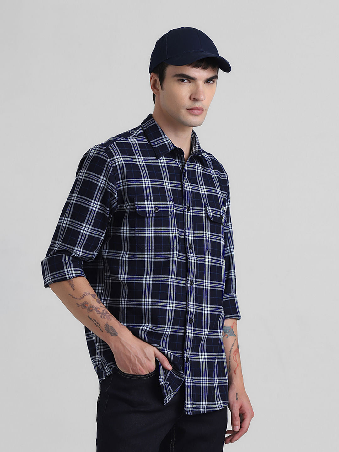 Dark Blue Check Print Cotton Shirt - S