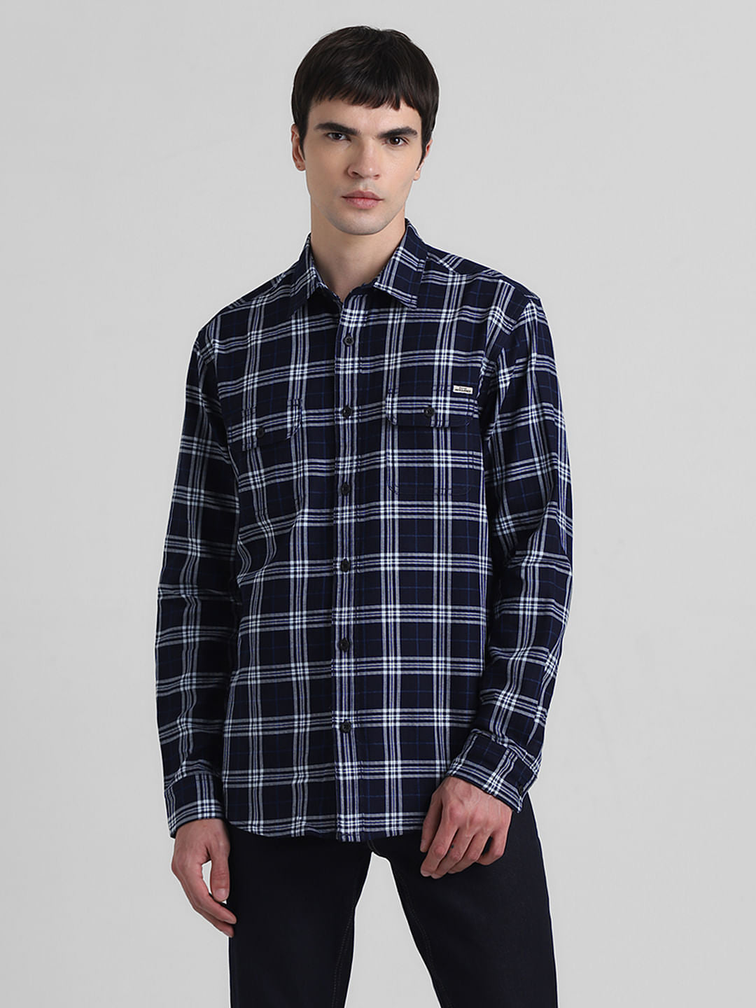 Dark Blue Check Print Cotton Shirt