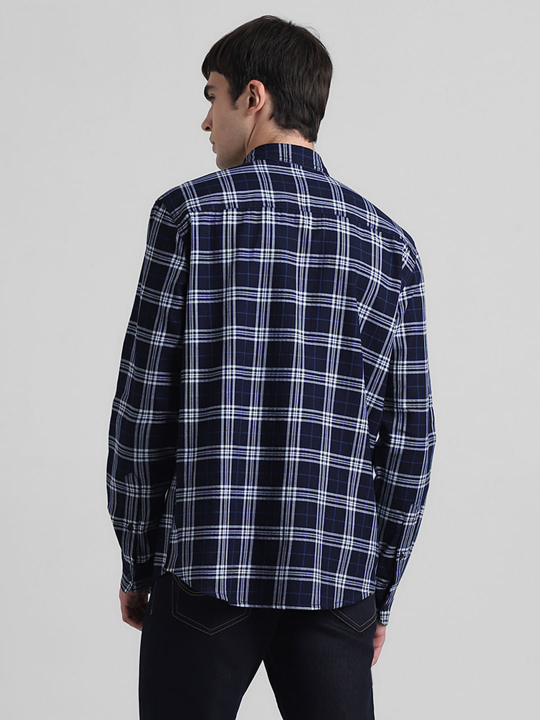 Dark Blue Check Print Cotton Shirt