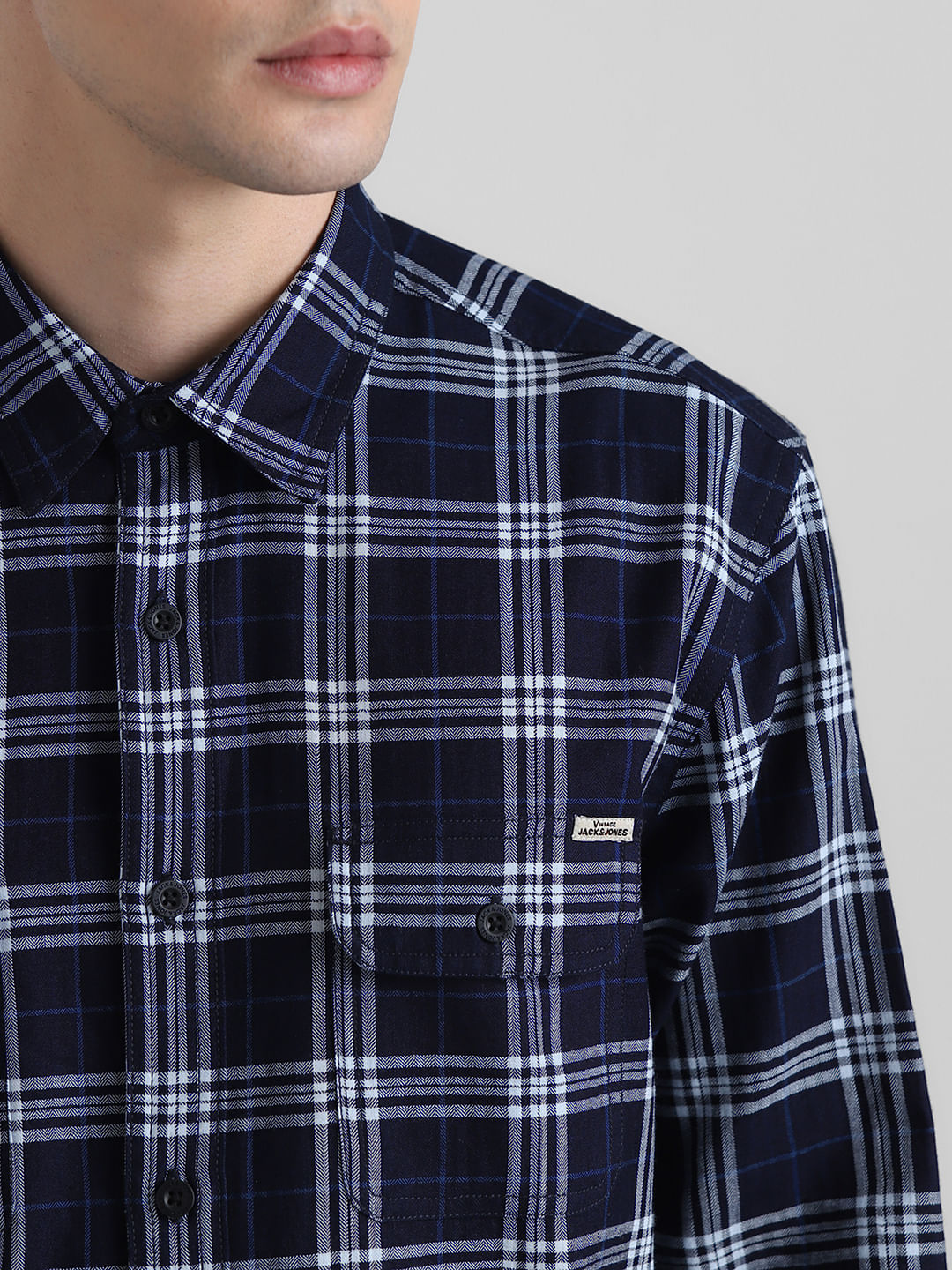 Dark Blue Check Print Cotton Shirt