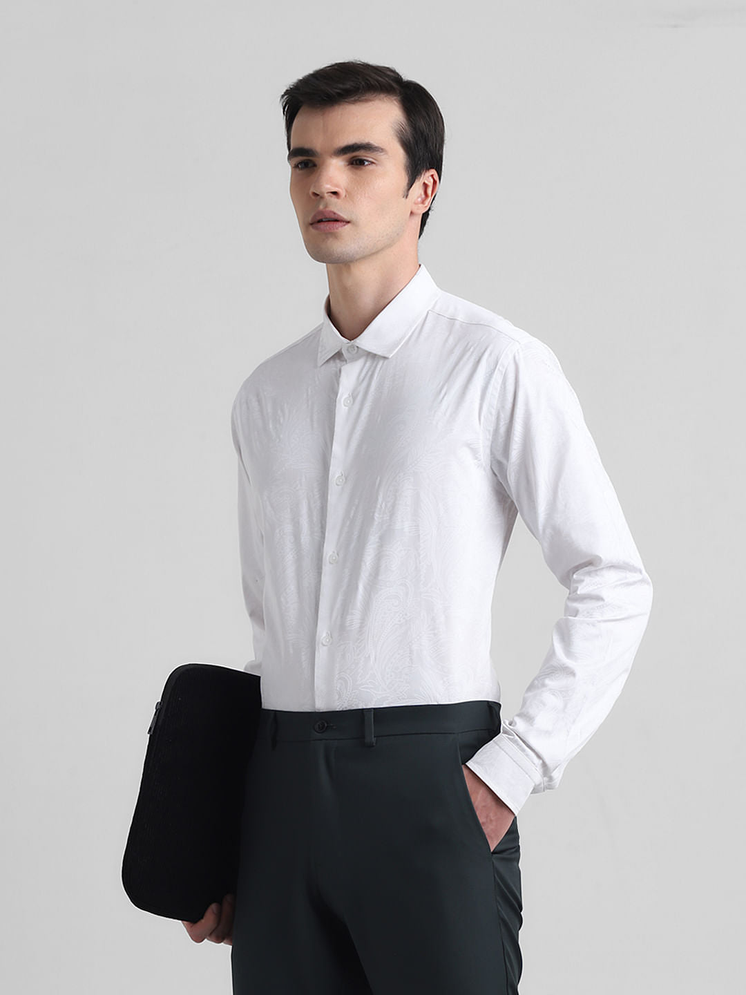 White Floral Cotton Formal Shirt - S