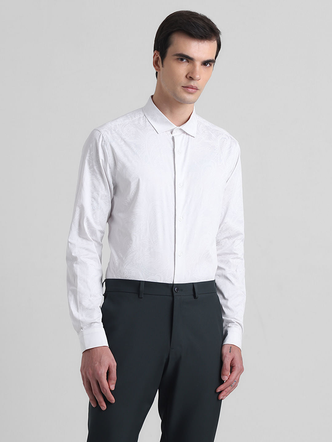 White Floral Cotton Formal Shirt