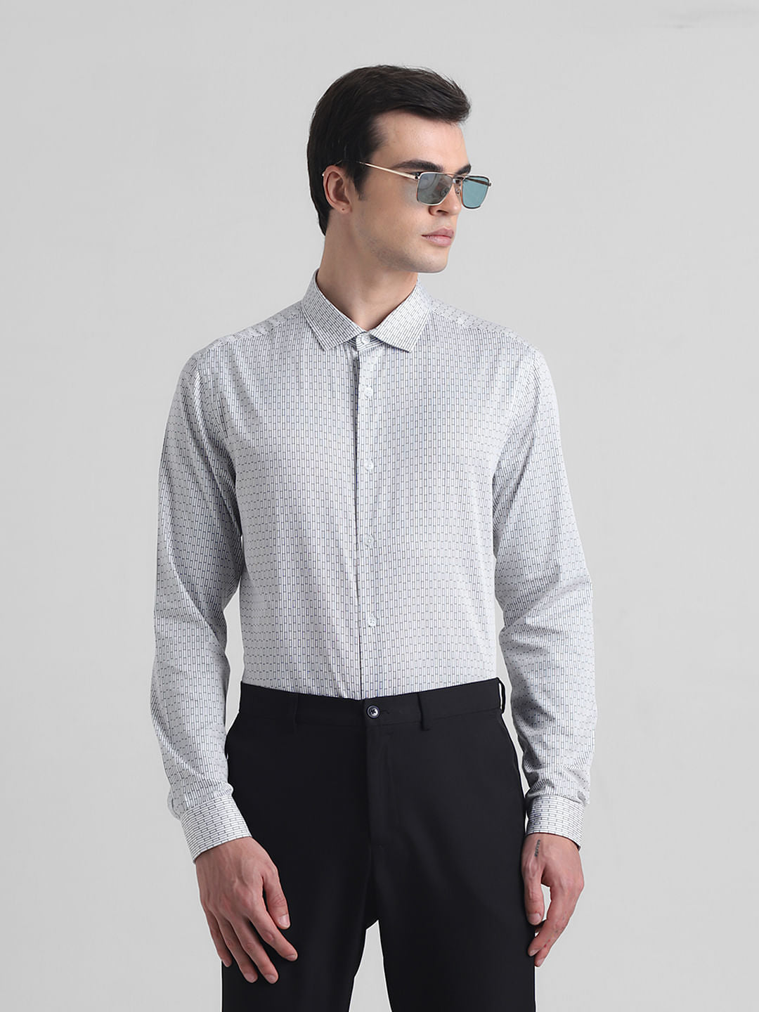 White Printed Cotton Formal Shirt - S