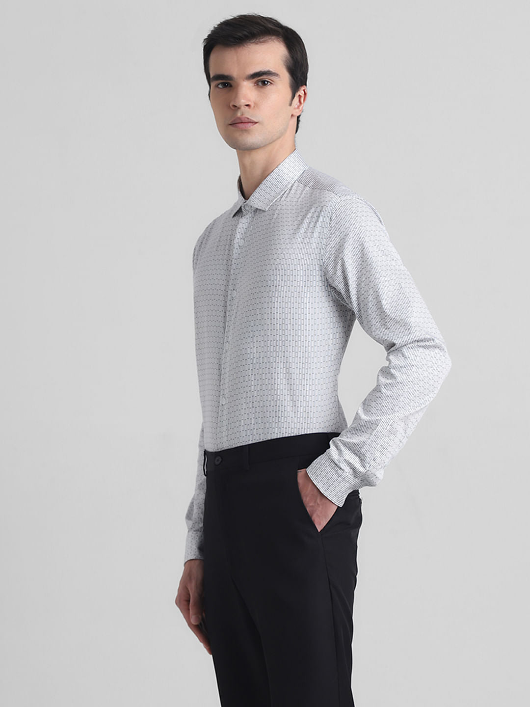 White Printed Cotton Formal Shirt