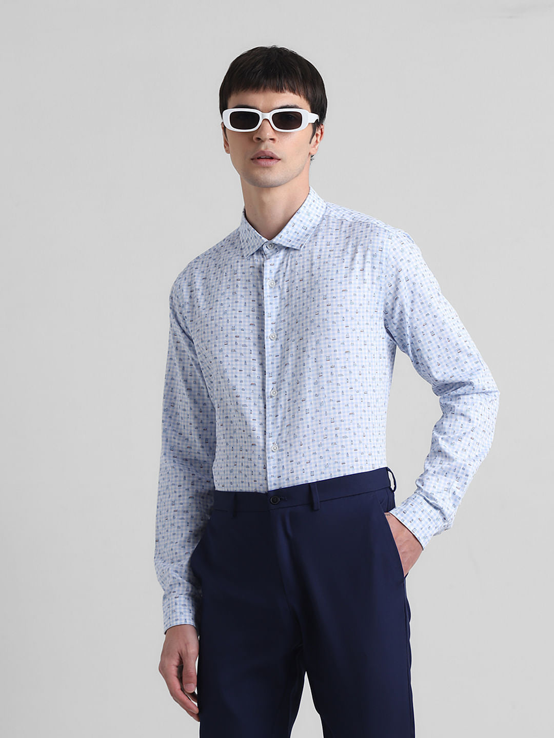 Blue Check Print Full Sleeves Shirt - S