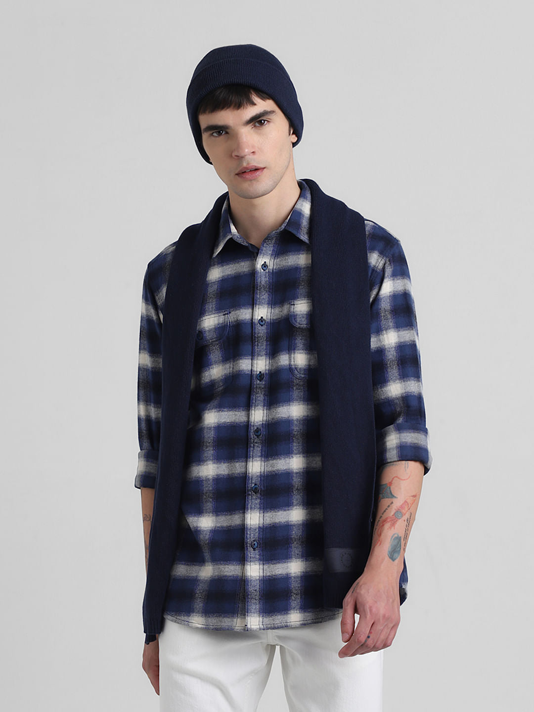 Blue Check Print Cotton Shirt - S