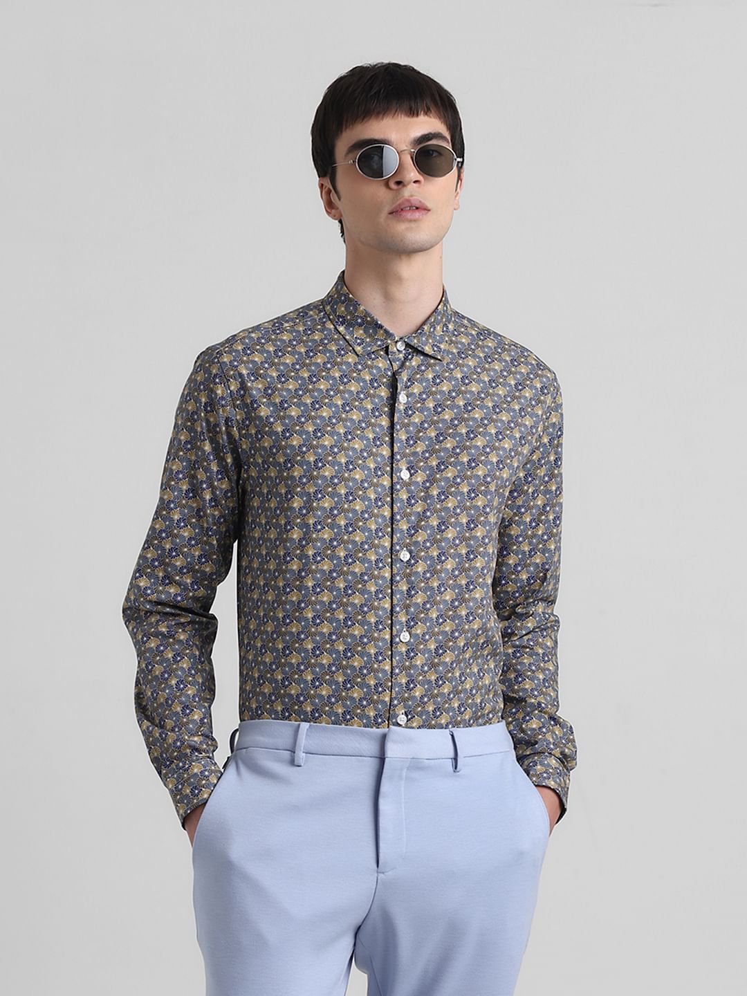Brown Abstract Print Cotton Shirt - S