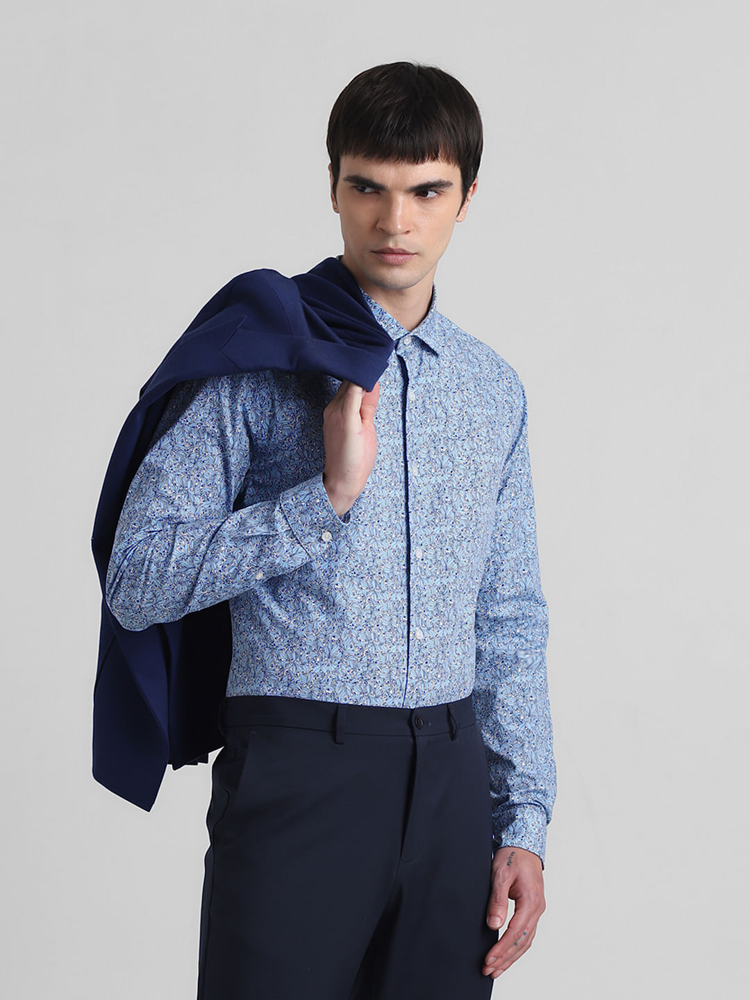 Blue Floral Print Full Sleeves Shirt - S