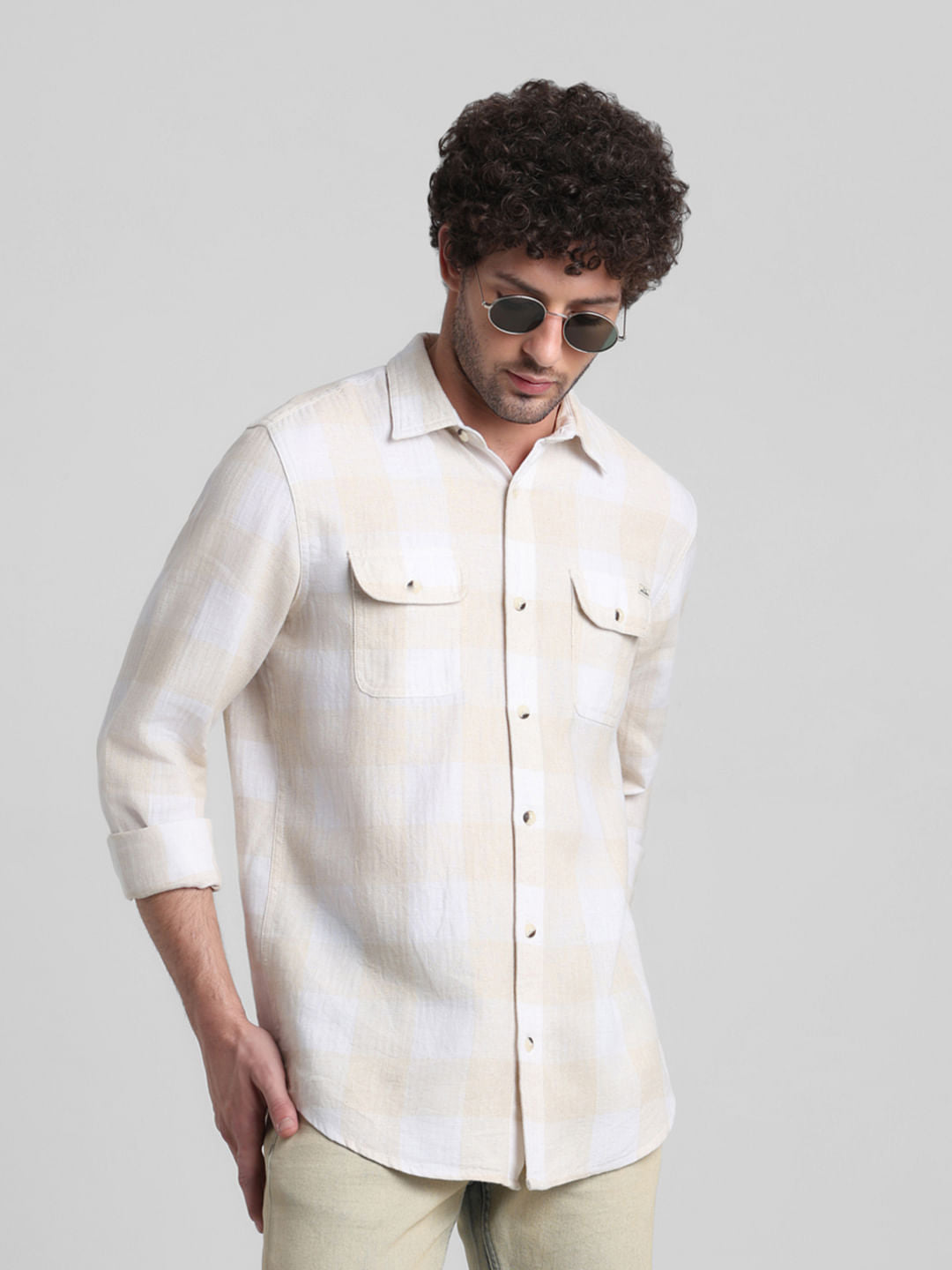 Beige Check Print Full Sleeves Shirt - S