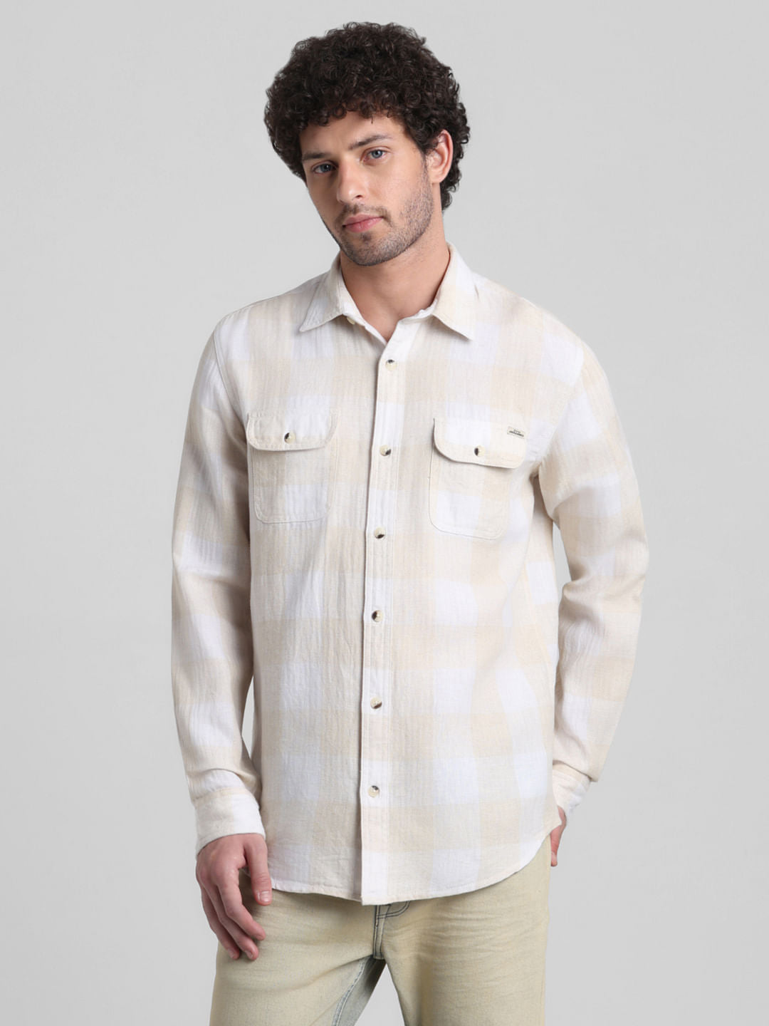 Beige Check Print Full Sleeves Shirt