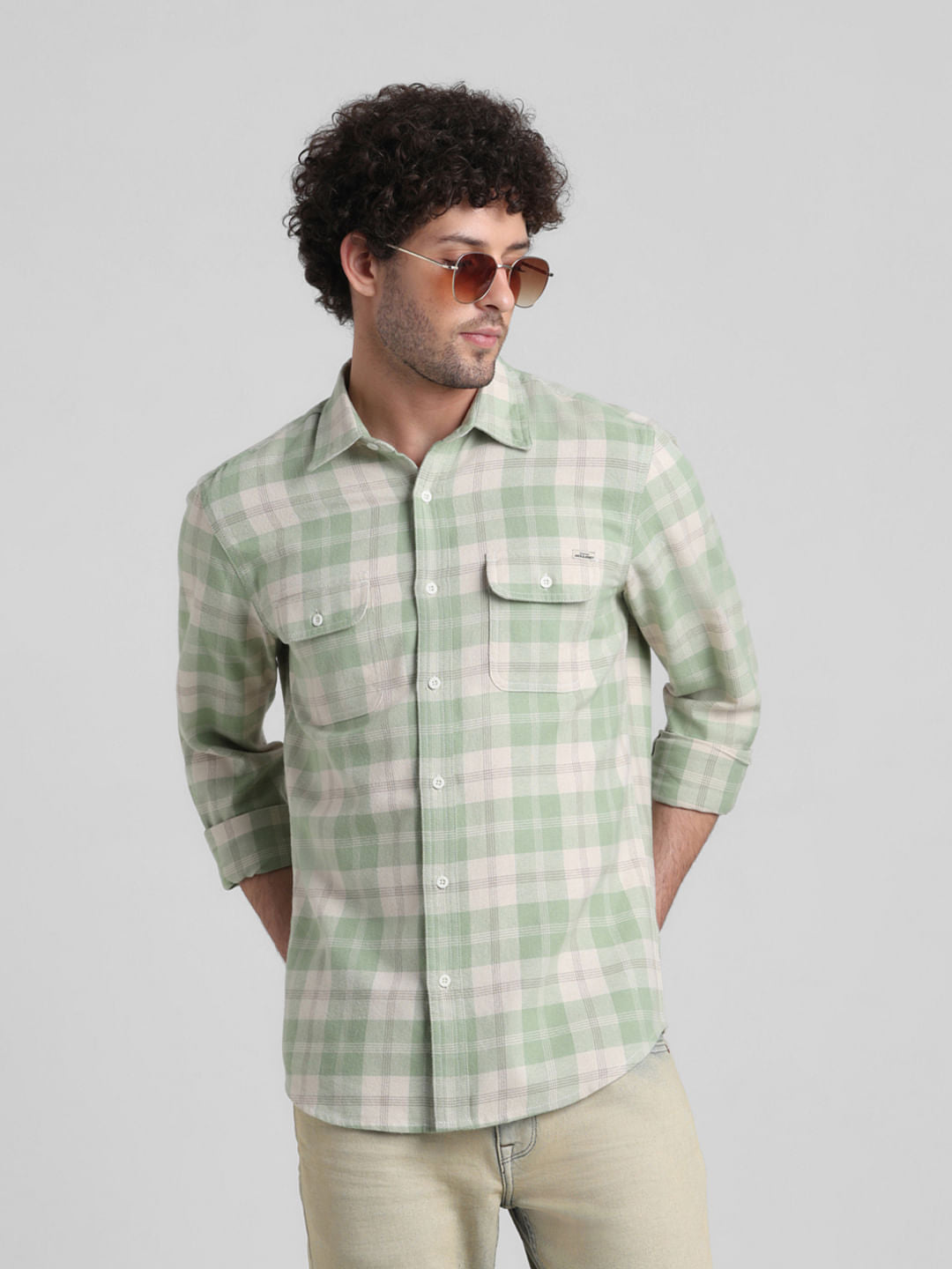 Beige Check Print Cotton Shirt - S