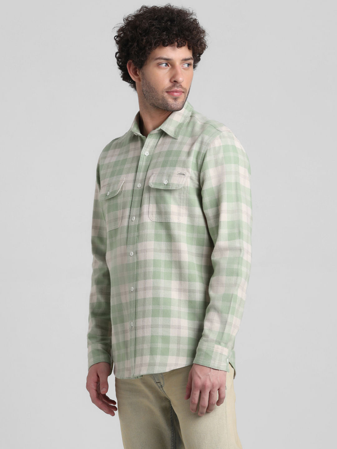 Beige Check Print Cotton Shirt