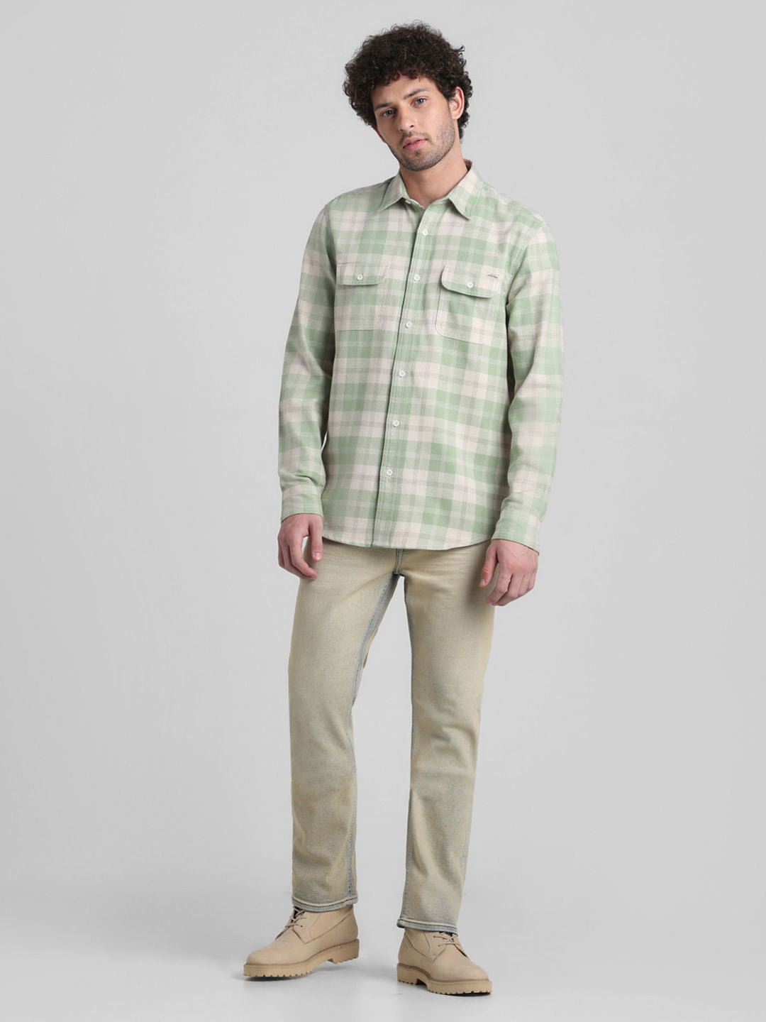 Beige Check Print Cotton Shirt