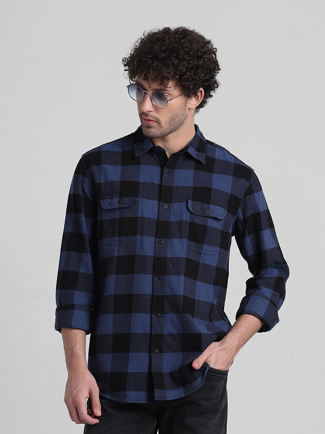 Dark Blue Check Print Cotton Shirt
