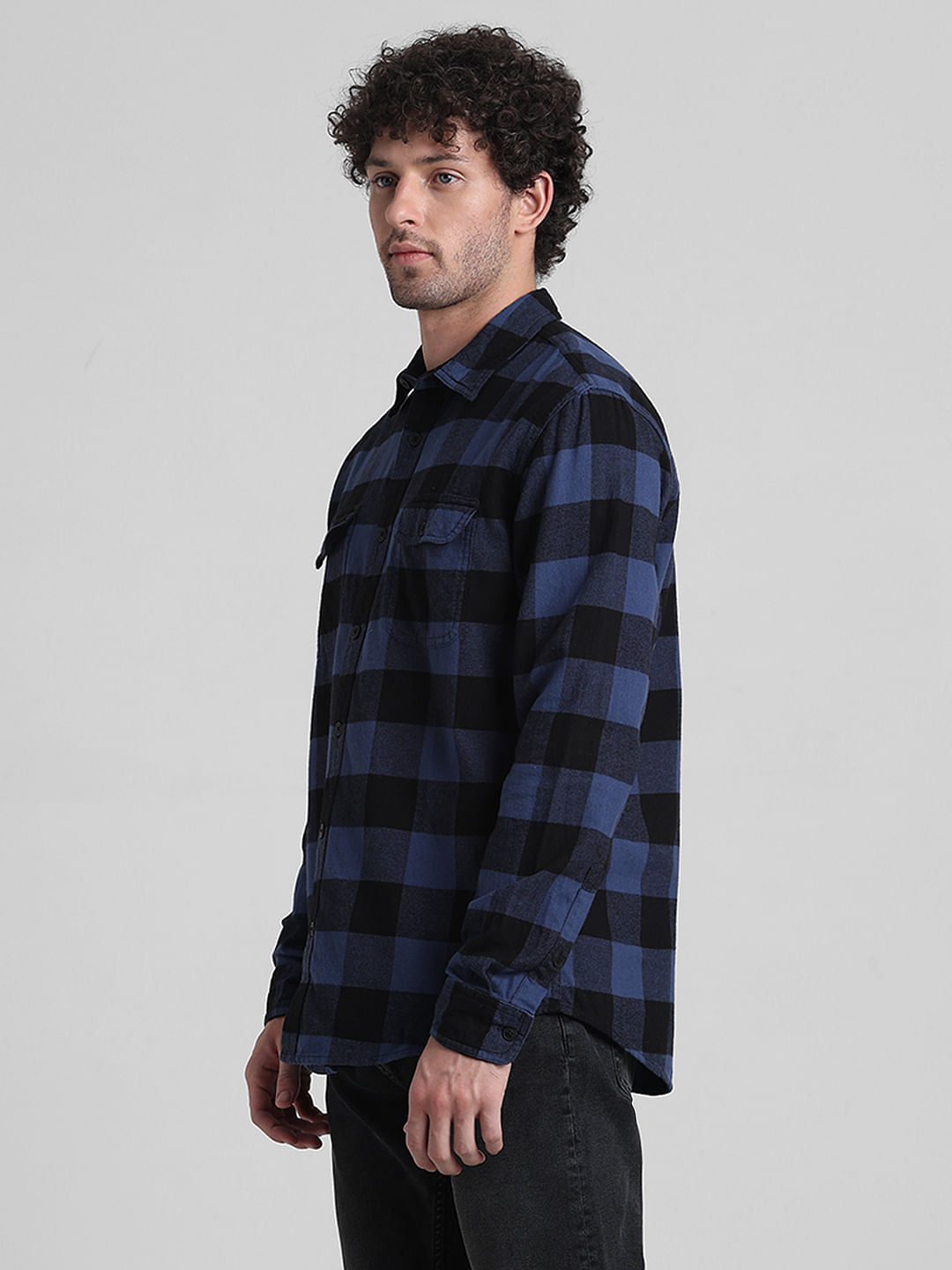 Dark Blue Check Print Cotton Shirt