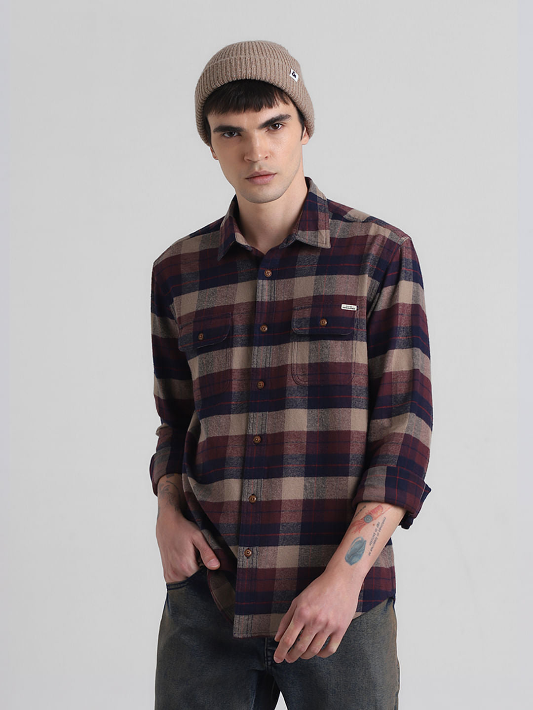 Dark Brown Check Print Shirt - S