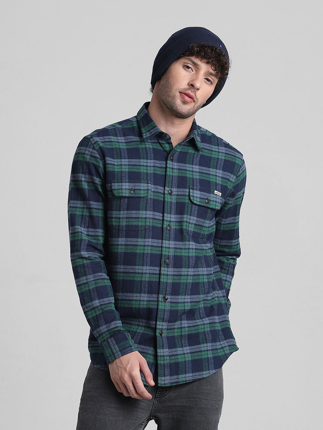 Blue Check Print Cotton Shirt - S