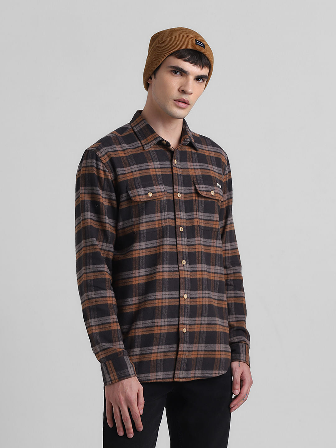 Brown Check Print Full Sleeves Shirt - S