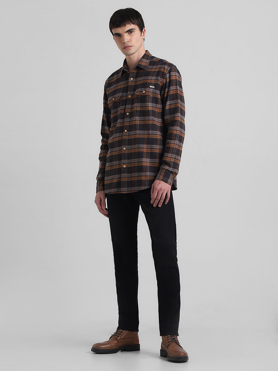 Brown Check Print Full Sleeves Shirt