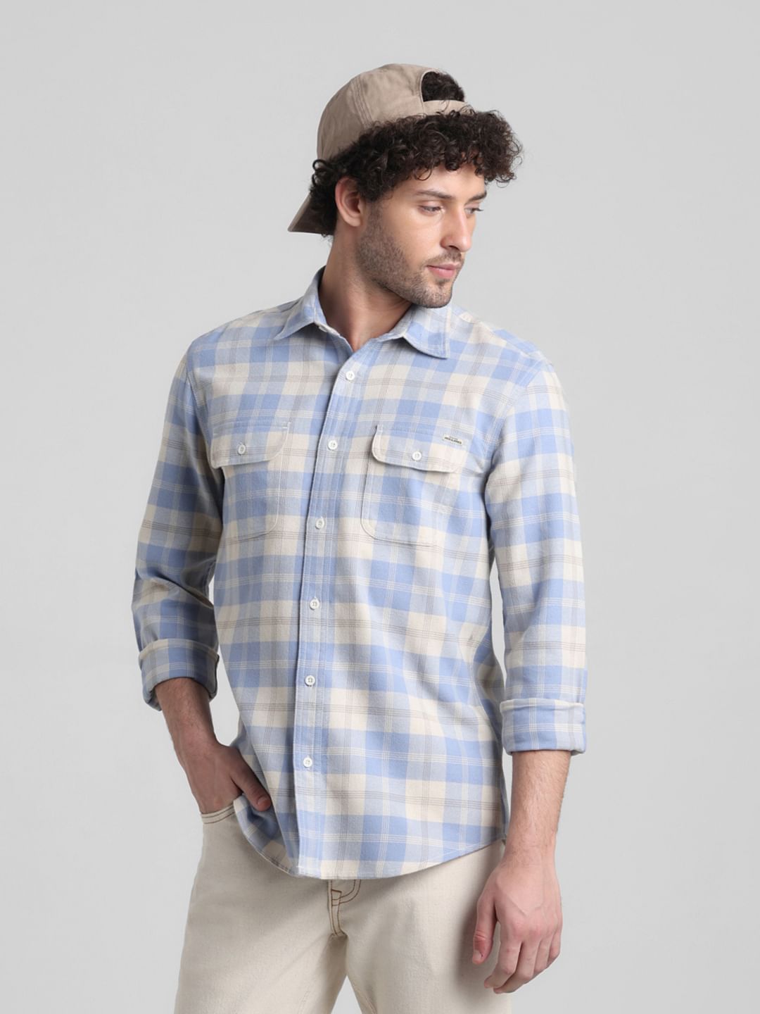 Light Blue Check Print Cotton Shirt - S