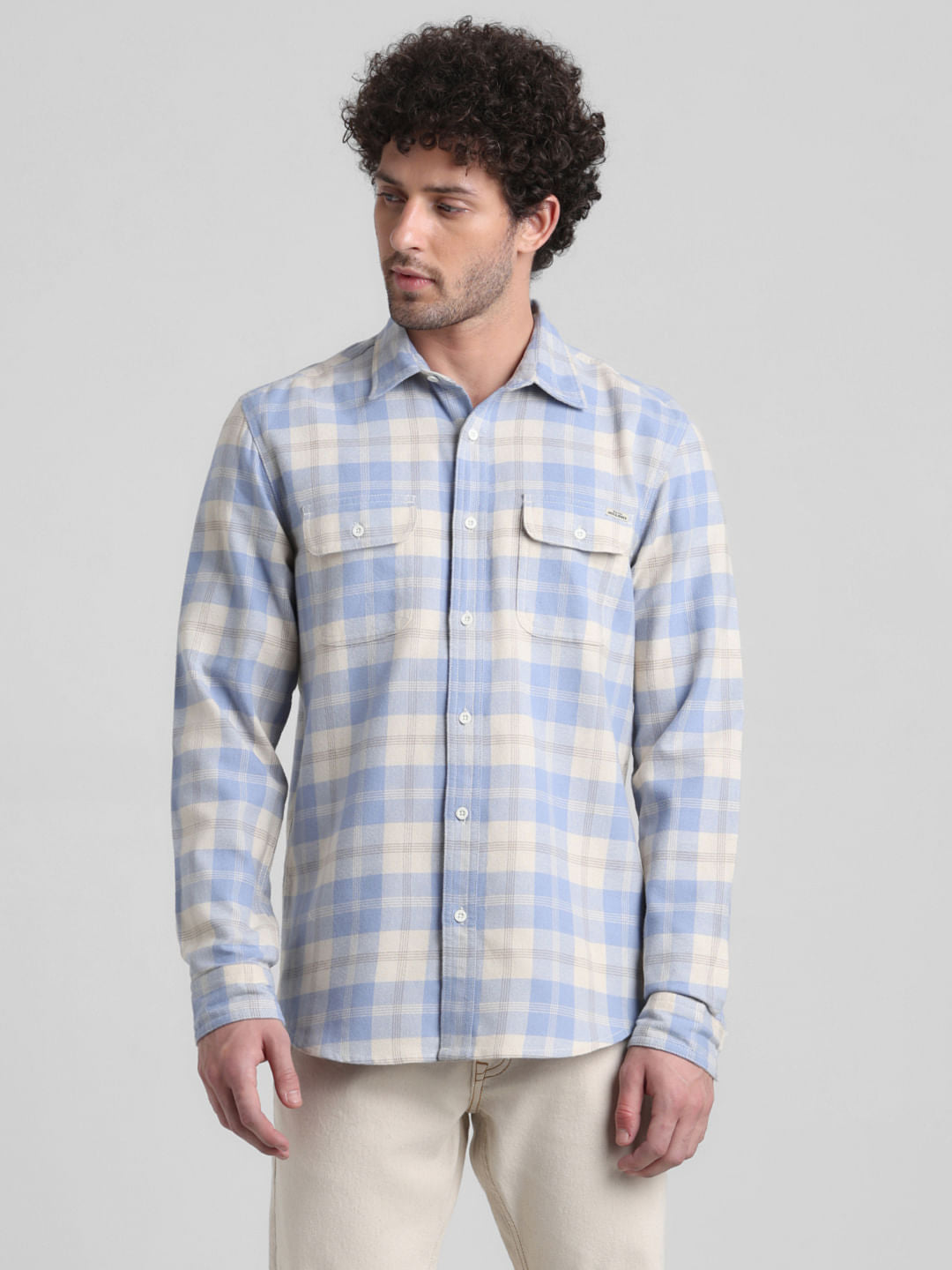 Light Blue Check Print Cotton Shirt