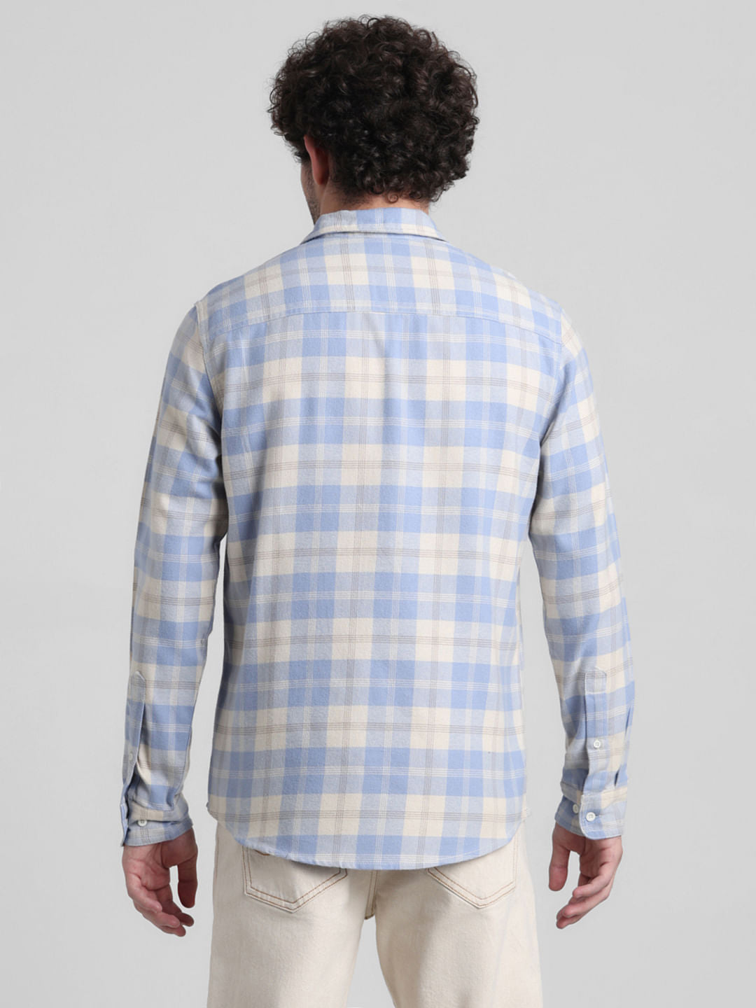 Light Blue Check Print Cotton Shirt