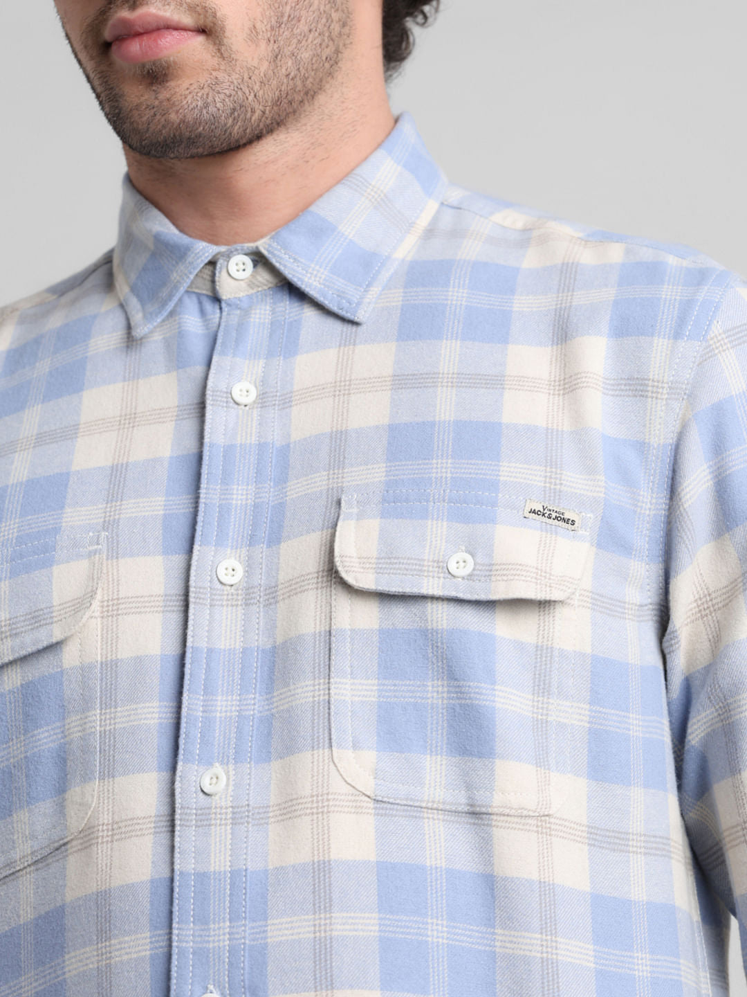Light Blue Check Print Cotton Shirt