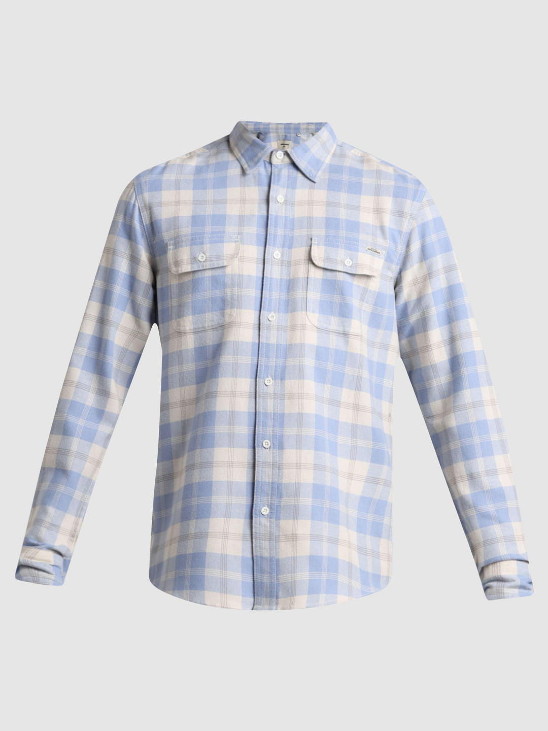 Light Blue Check Print Cotton Shirt