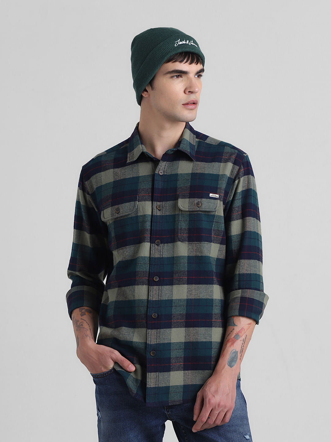 Green Check Print Full Sleeves Shirt - S
