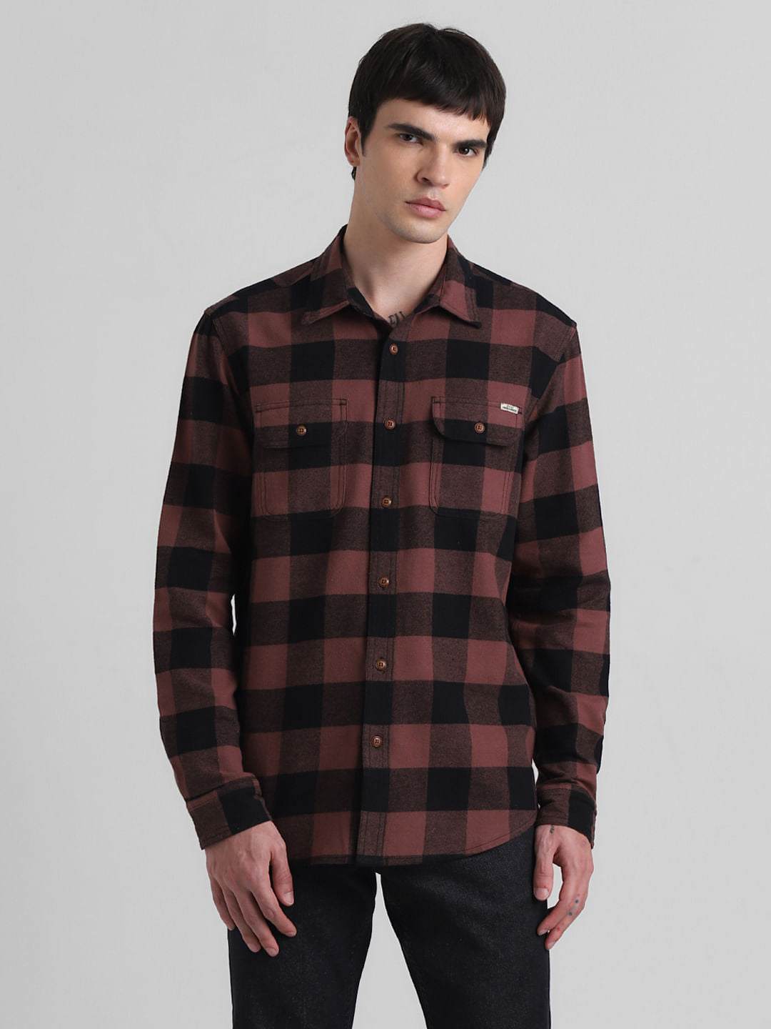 Warm Brown Check Print Shirt