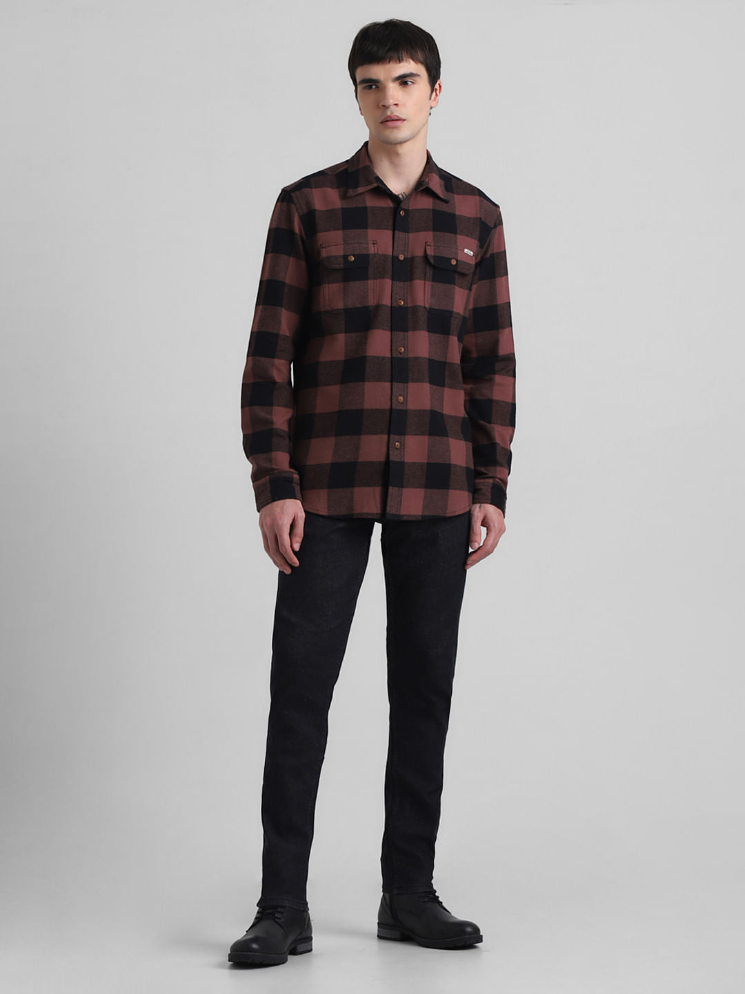 Warm Brown Check Print Shirt