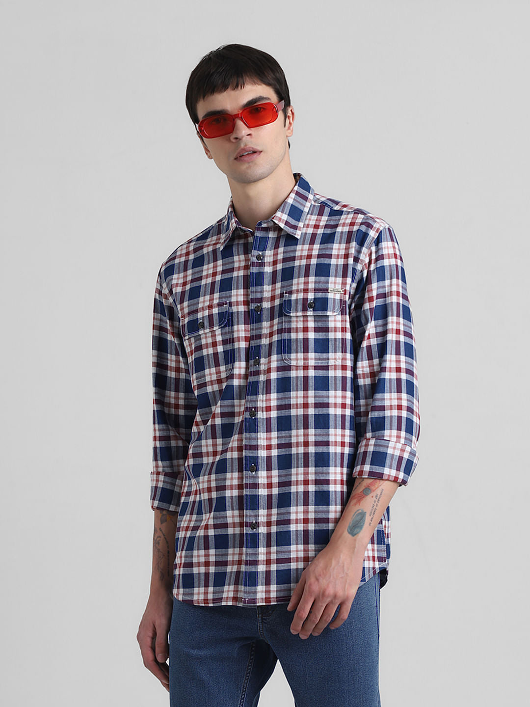 Red Check Print Full Sleeves Shirt - S