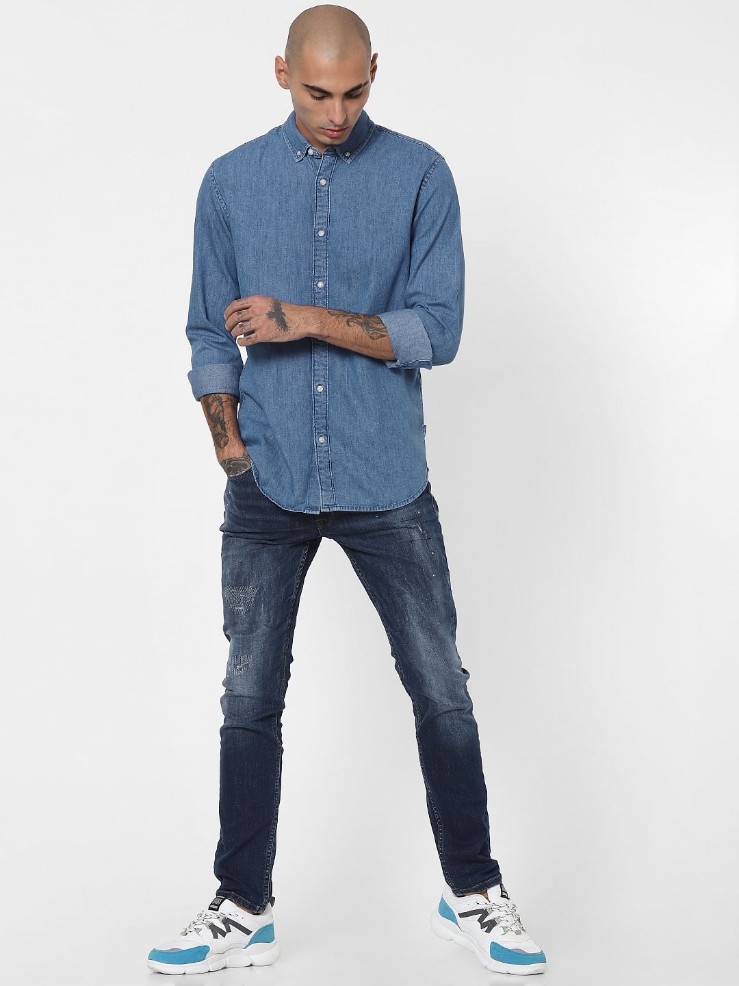 Blue Indigo Dyed Full Sleeves Denim Shirt - XXS