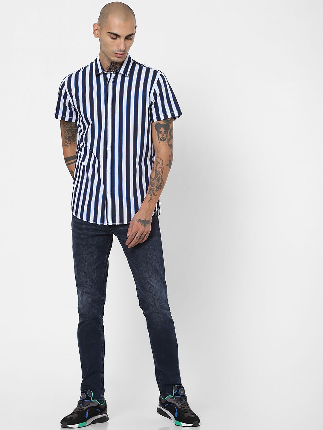 Blue Striped Half Sleeves Shirt - XS