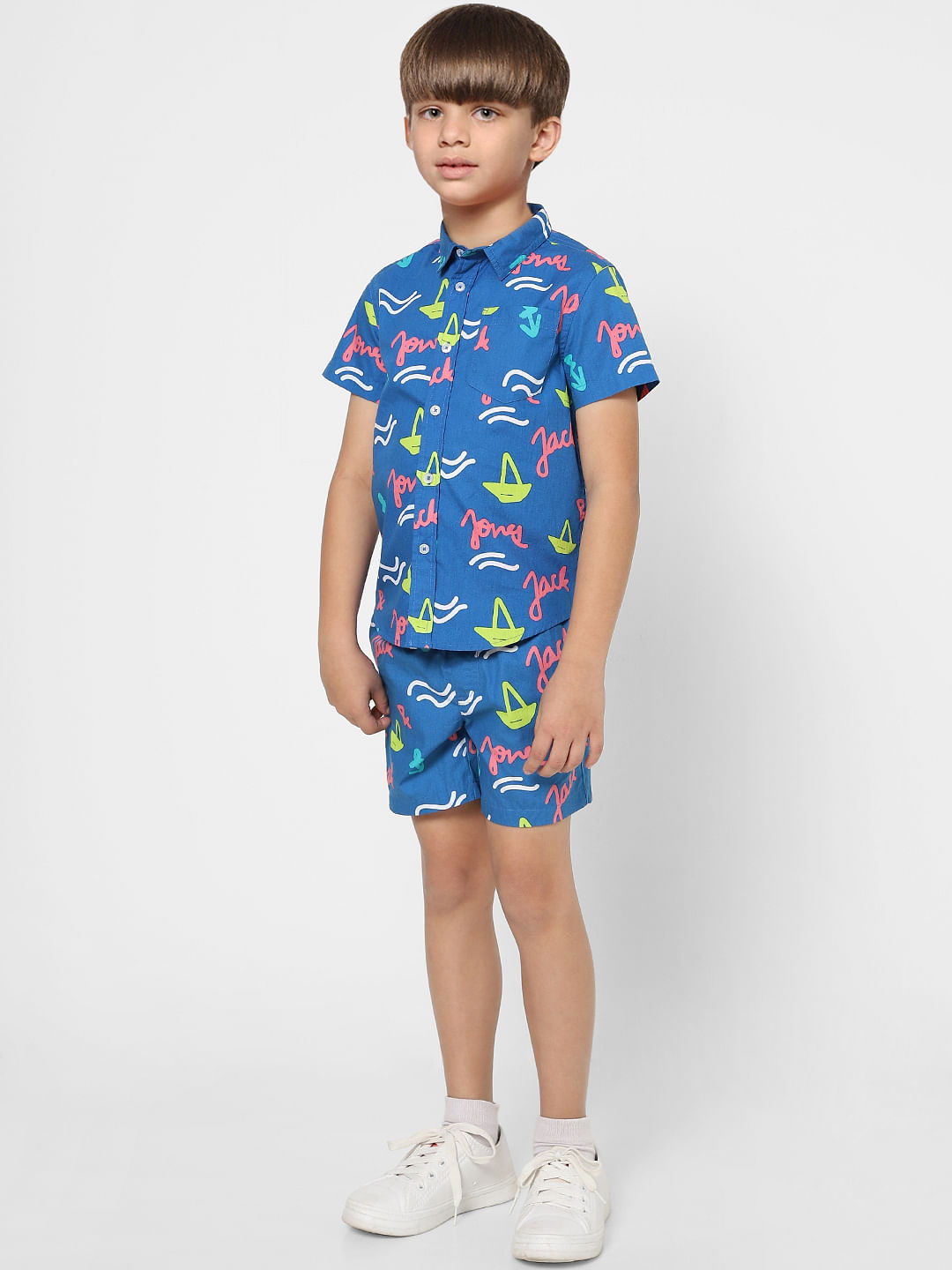 Boys Blue Printed Short Sleeves Co-ord Shirt