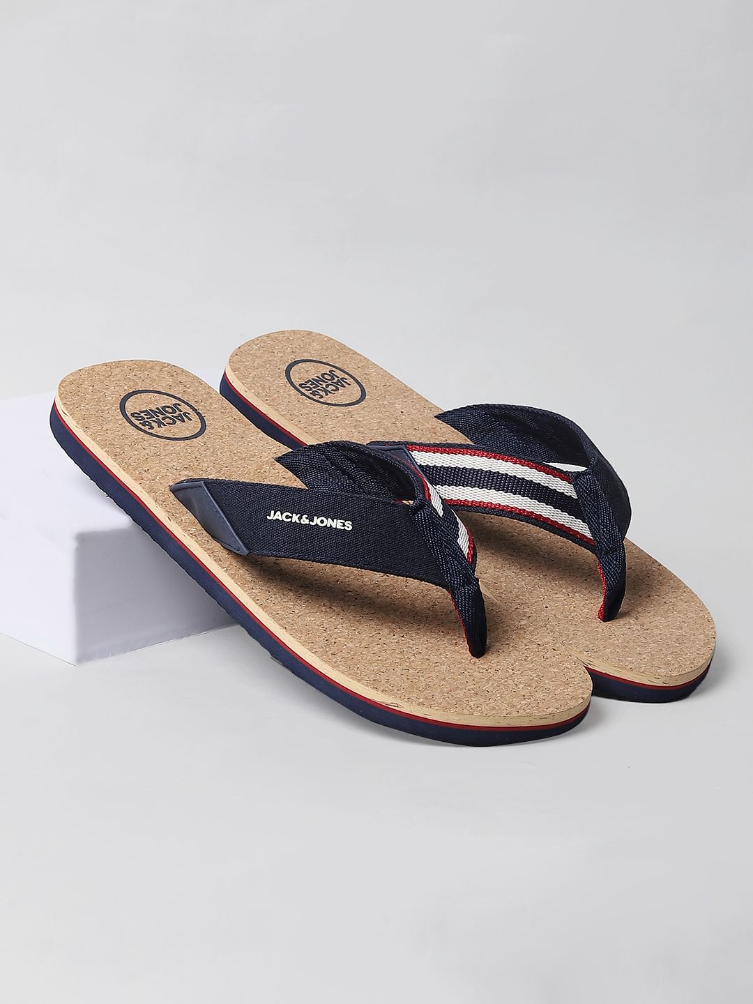 Beige and Blue Flip Flops