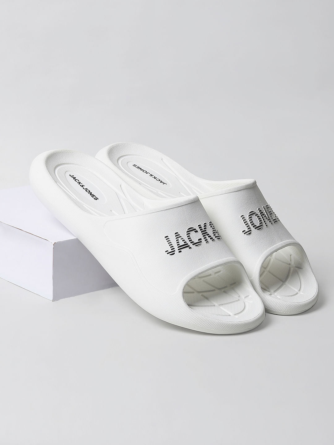 White Logo Print Sliders