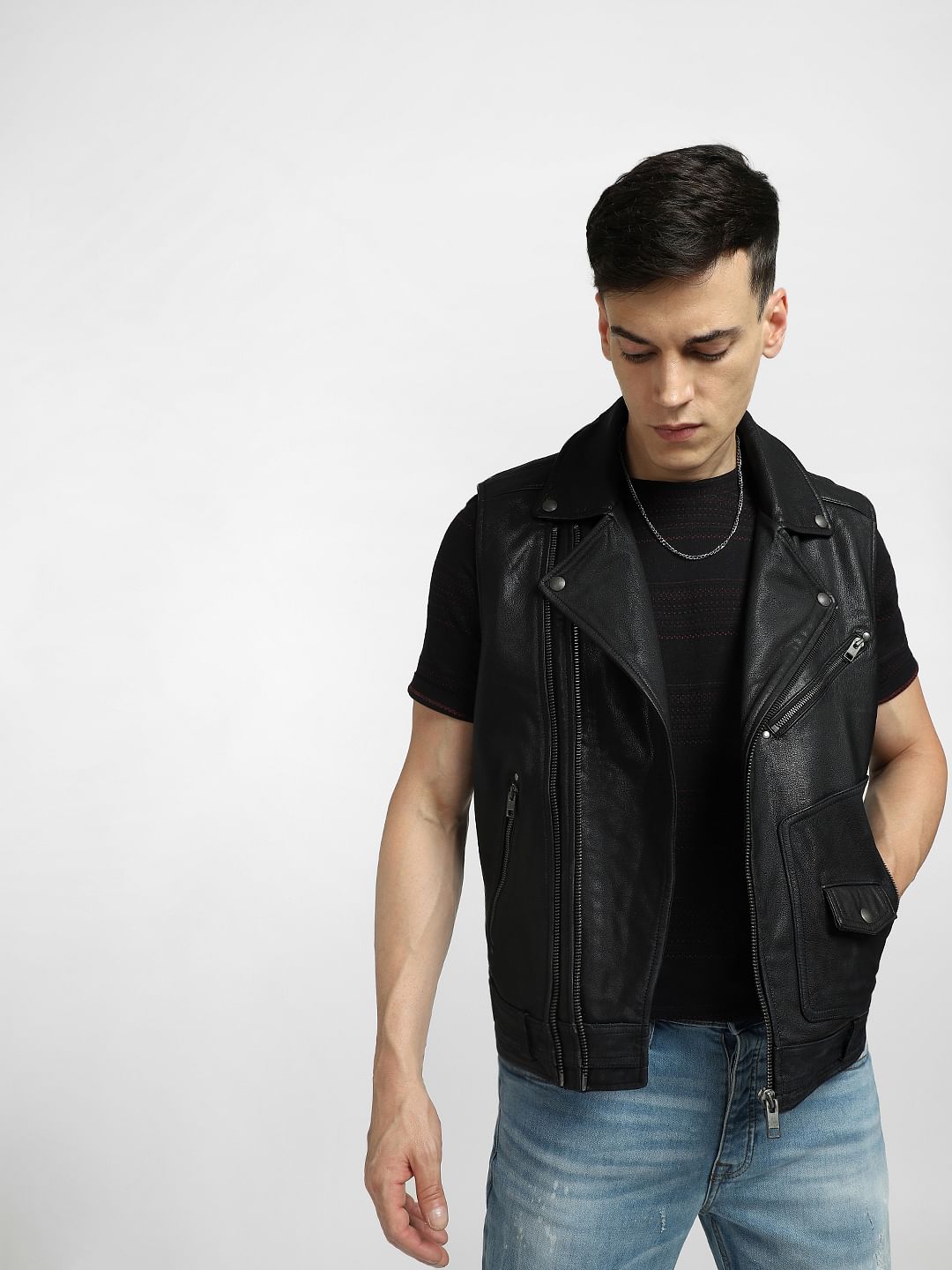 Black Leather Biker Jacket - S