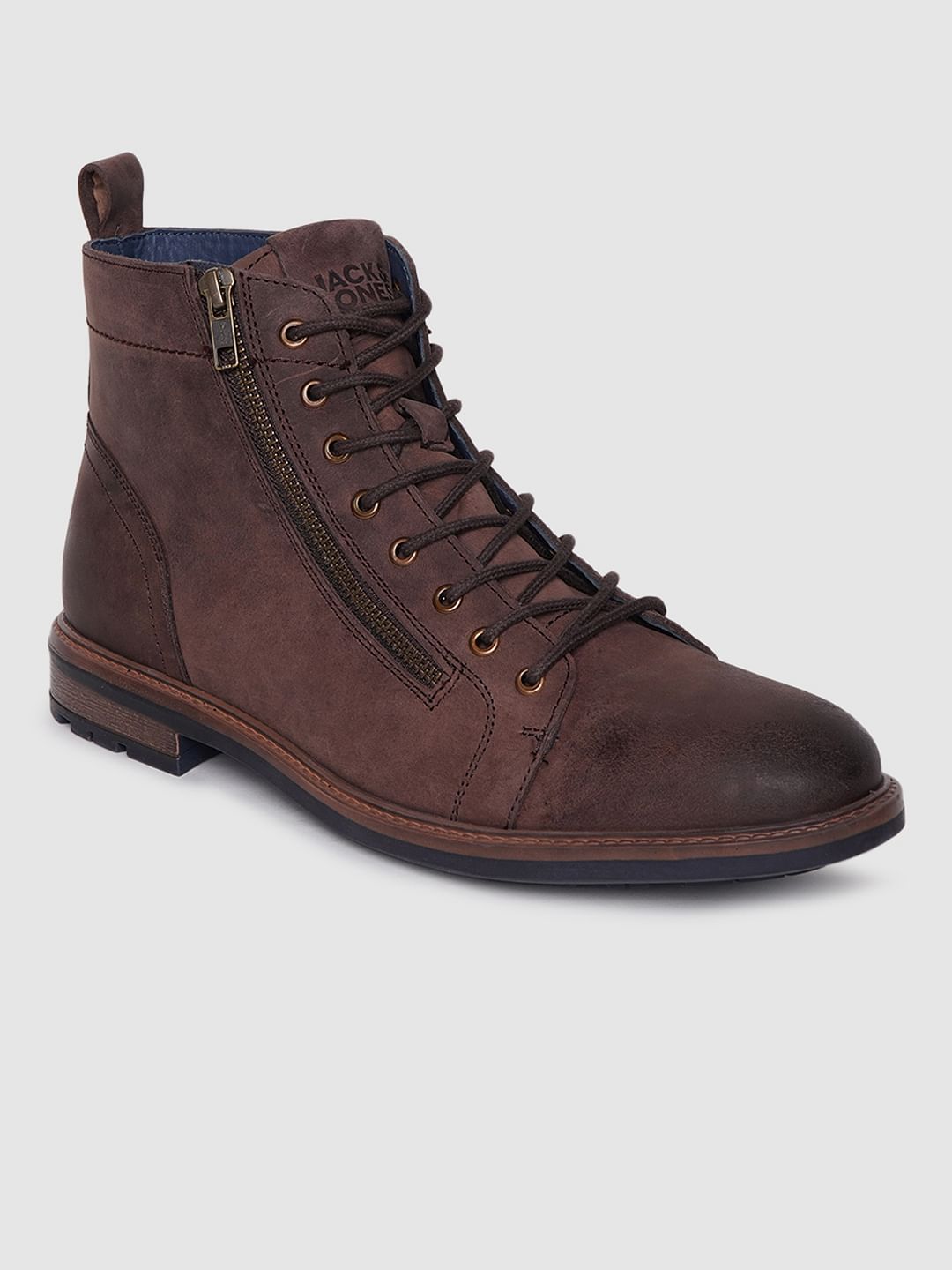 Dark Brown Zip Detail Leather Boots - 6