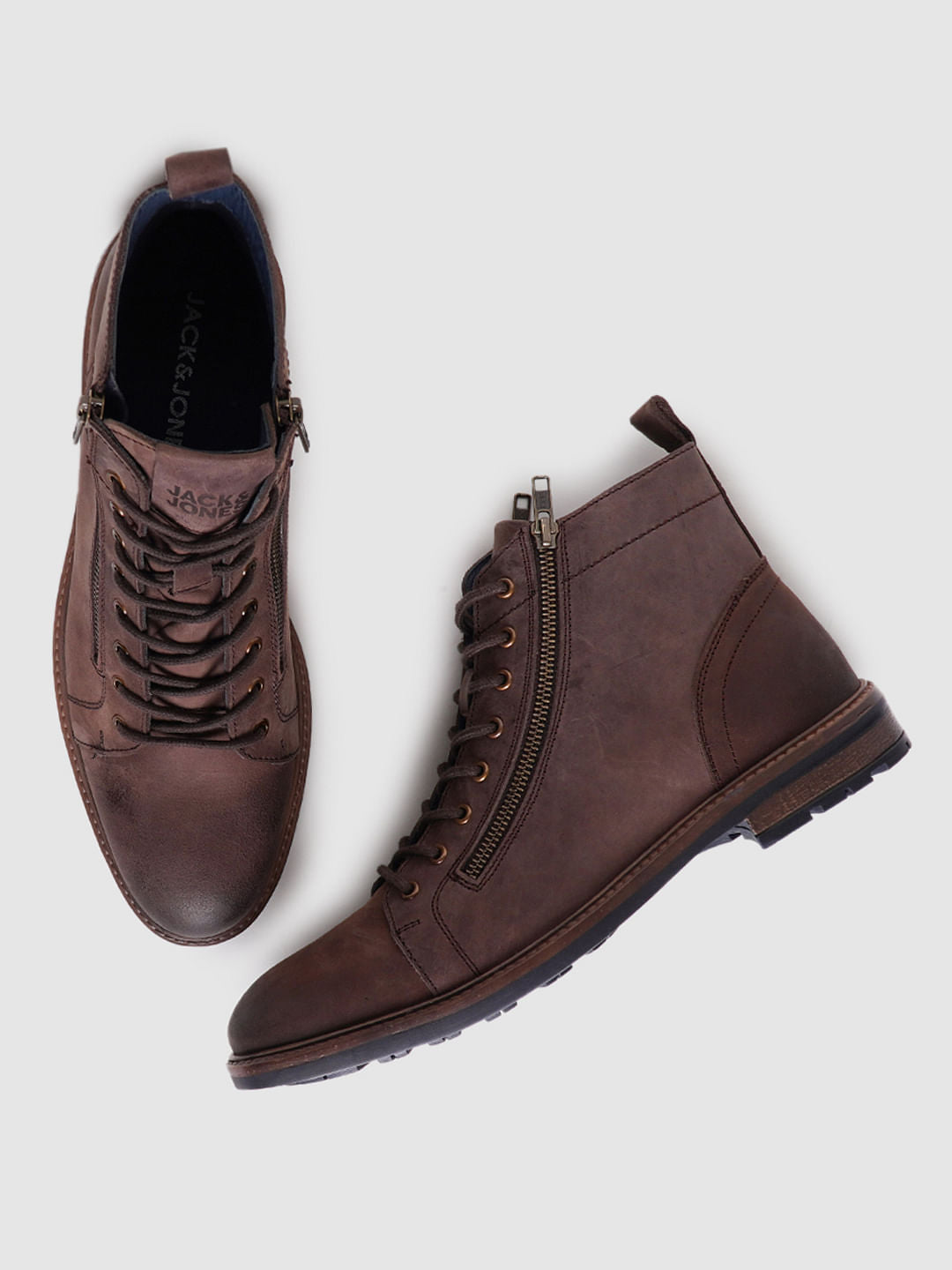 Dark Brown Zip Detail Leather Boots