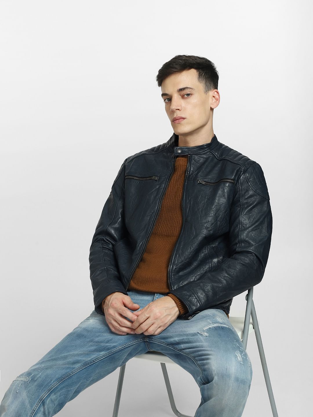 Navy Blue Leather Jacket - S