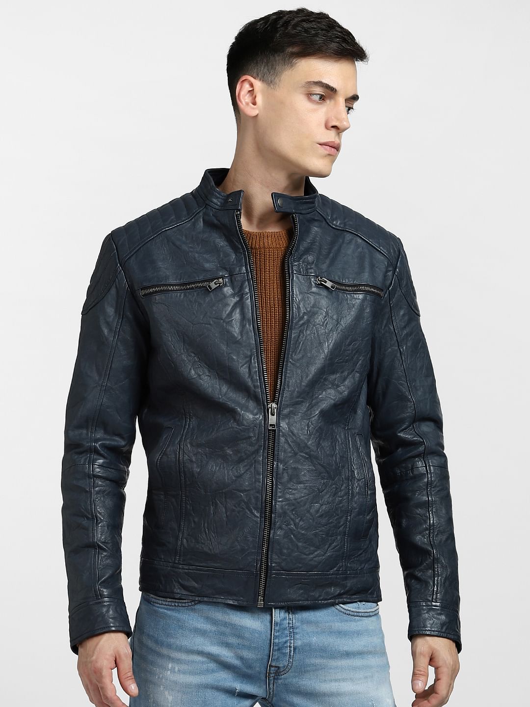 Navy Blue Leather Jacket