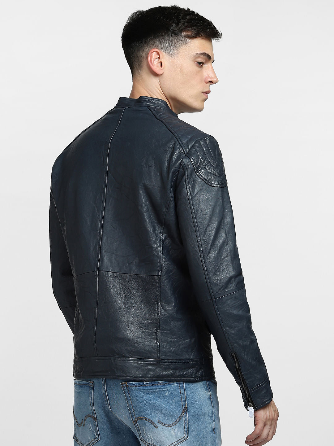 Navy Blue Leather Jacket