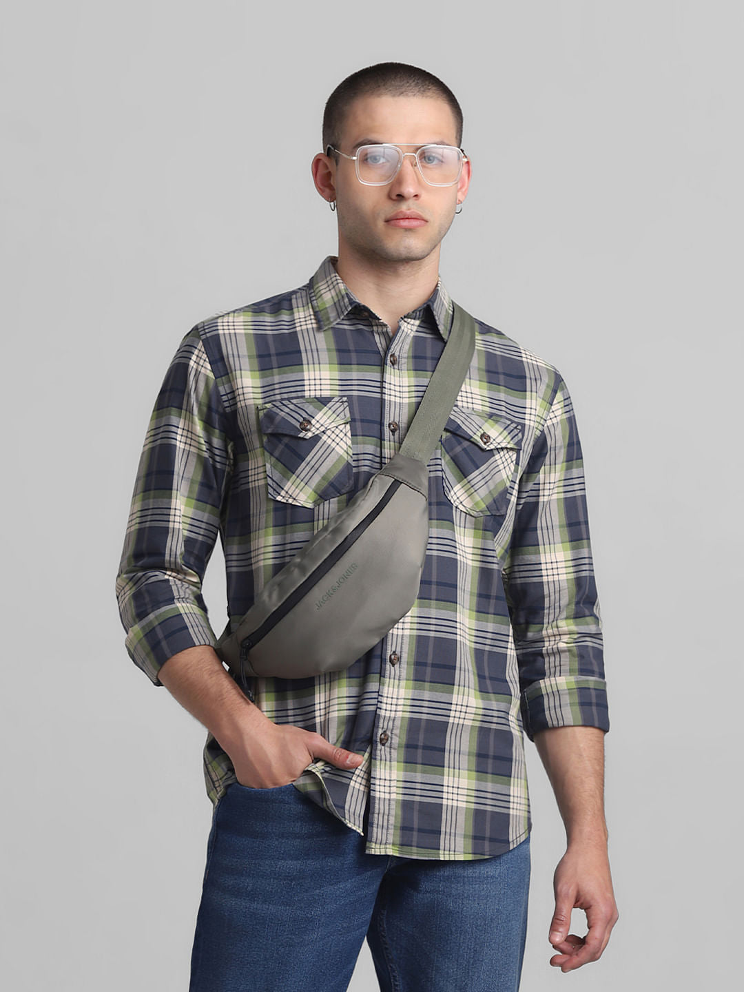Blue & Green Check Full Sleeves Shirt - L