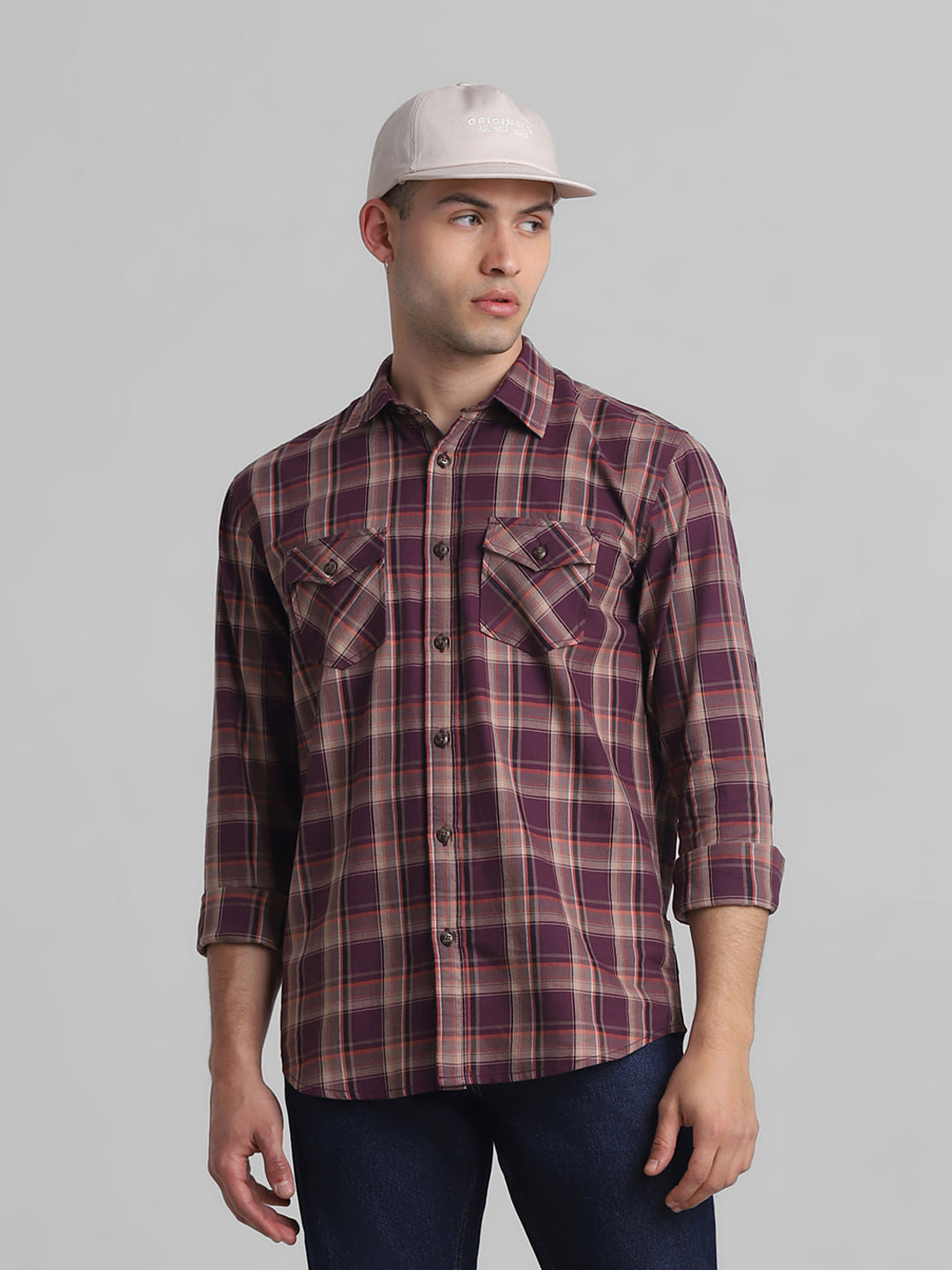 Dark Red Check Full Sleeves Shirt - M