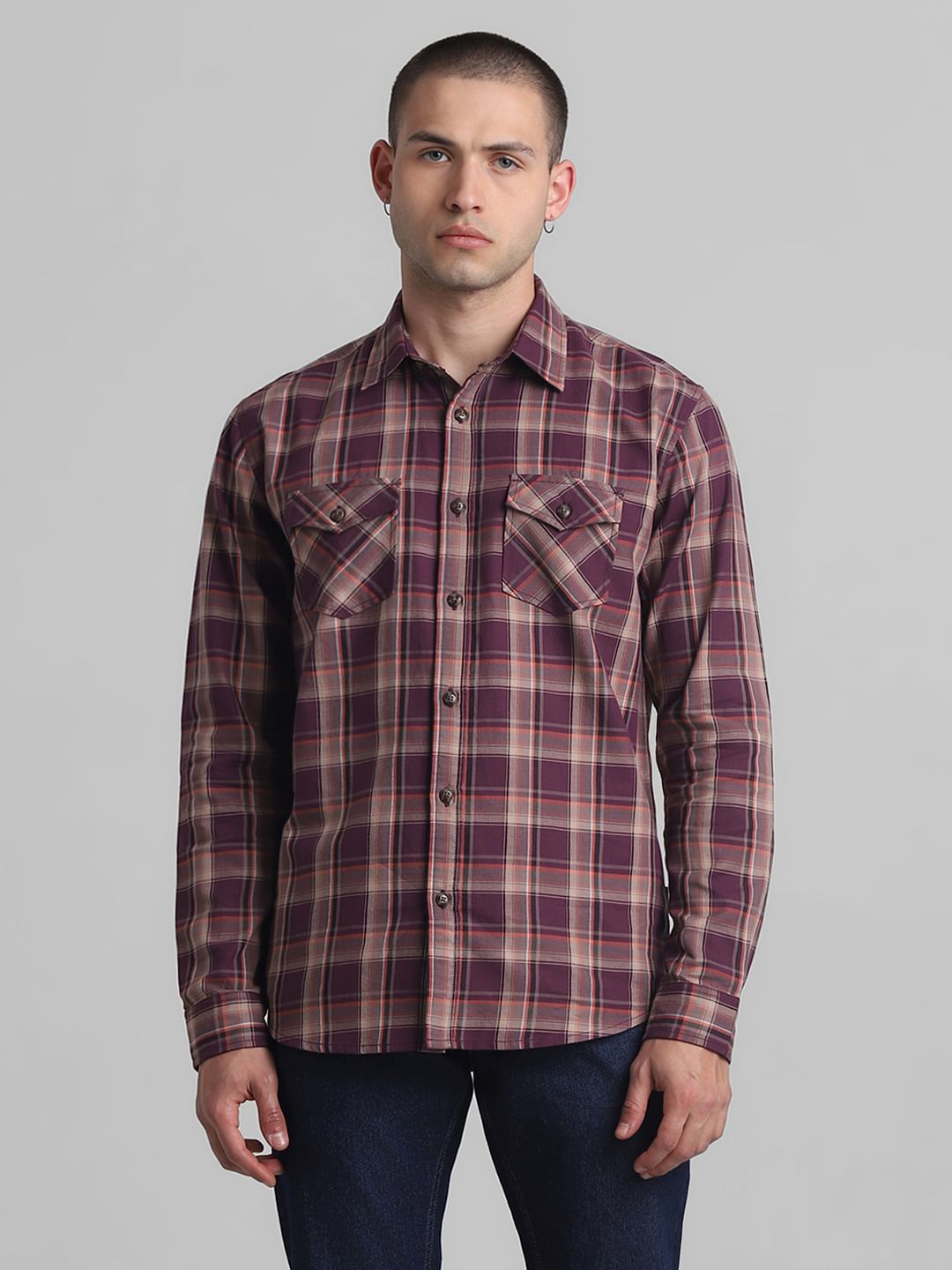 Dark Red Check Full Sleeves Shirt