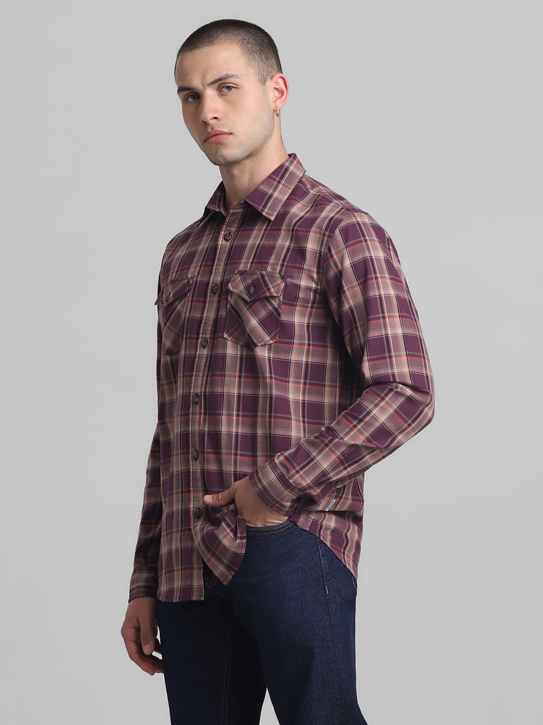 Dark Red Check Full Sleeves Shirt