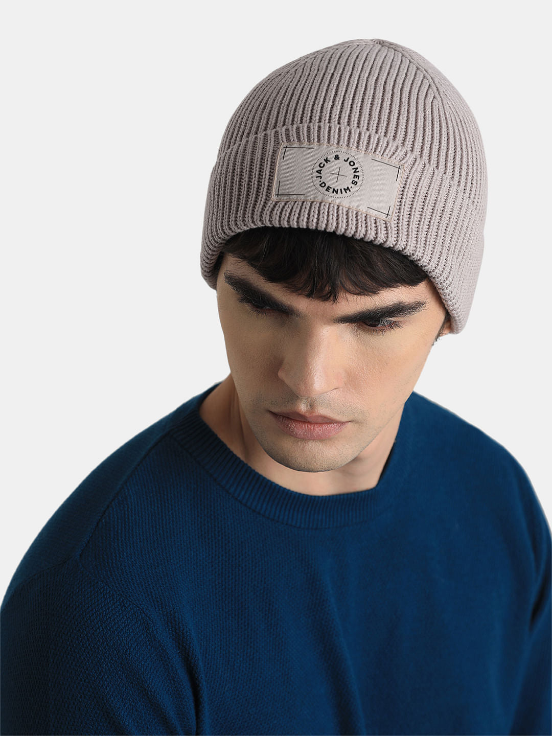 Beige Cotton Logo Patch Beanie