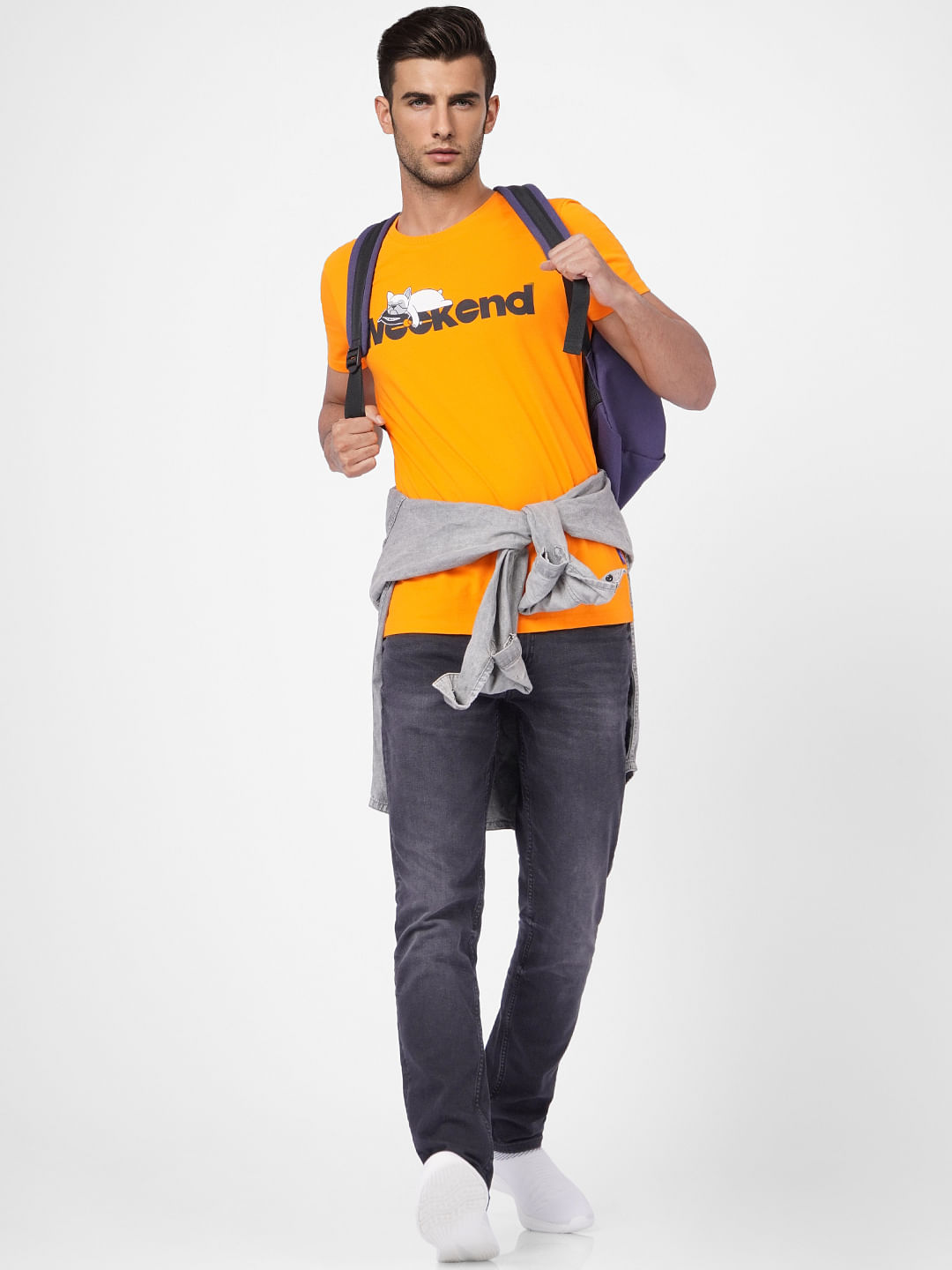 Orange Graphic Print Crew Neck T-shirt